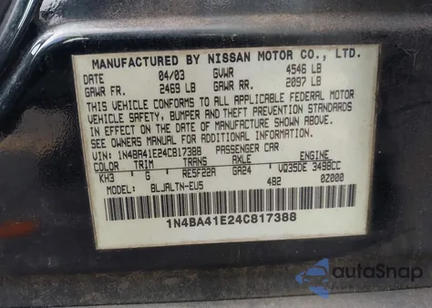 2004 Nissan Maxima 3.5 Se из США, поврежденный, VIN 1N4BA41E24C817388